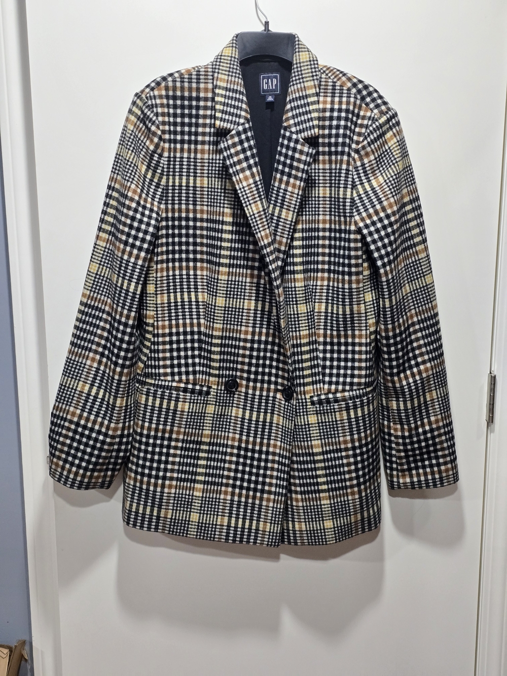 GAP Women's Plaid Double-Breasted Blazer - Black & Brown Sz 16T